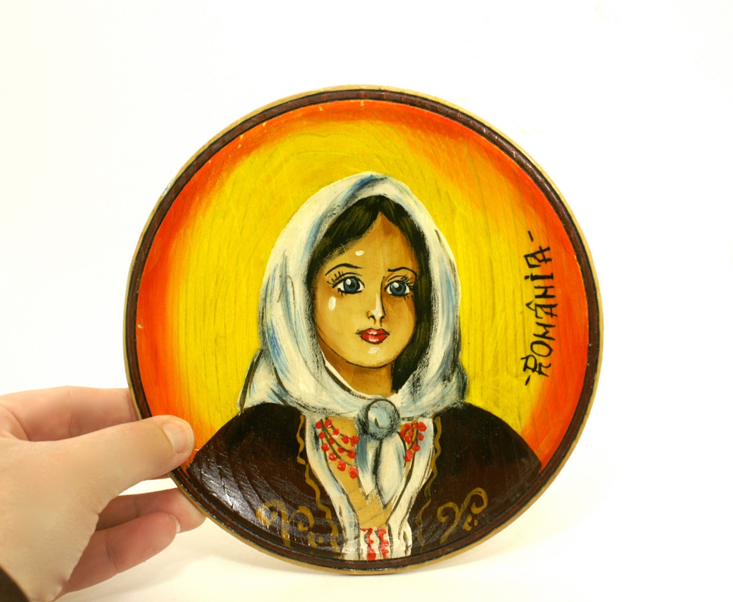 Vintage Wooden Plate Romania Painting of a Woman