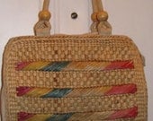 70's RAINBOW Corn Husk Purse // Vintage HANDMADE Shoulder BEACH Bag 80's Woven Tote Wood
