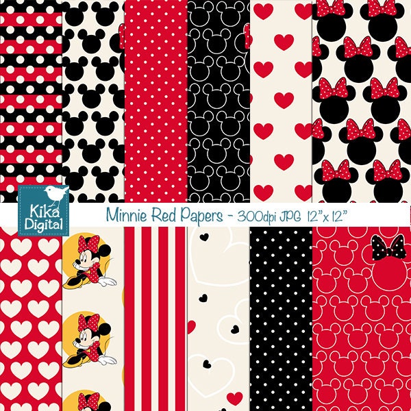 Minnie Digital Papers - Black, red, yellow Scrapbooking Papers - card design, invitations, paper crafts, web design - INSTANT DOWNLOAD