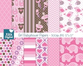 Girl Babyshower Digital Papers - Pink Digital Scrapbooking Papers - card design, invitations, background, web design - INSTANT DOWNLOAD