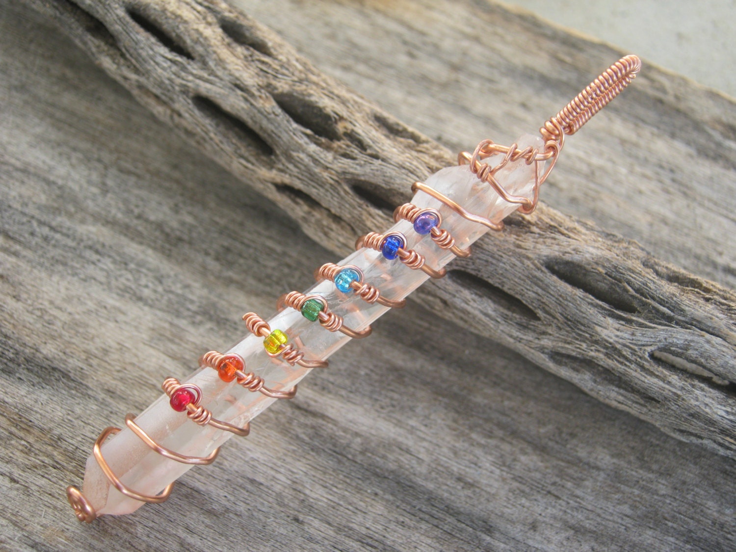 Keyhole Quartz Crystal Chakra Wand Pendant, Copper Wire Wrapped