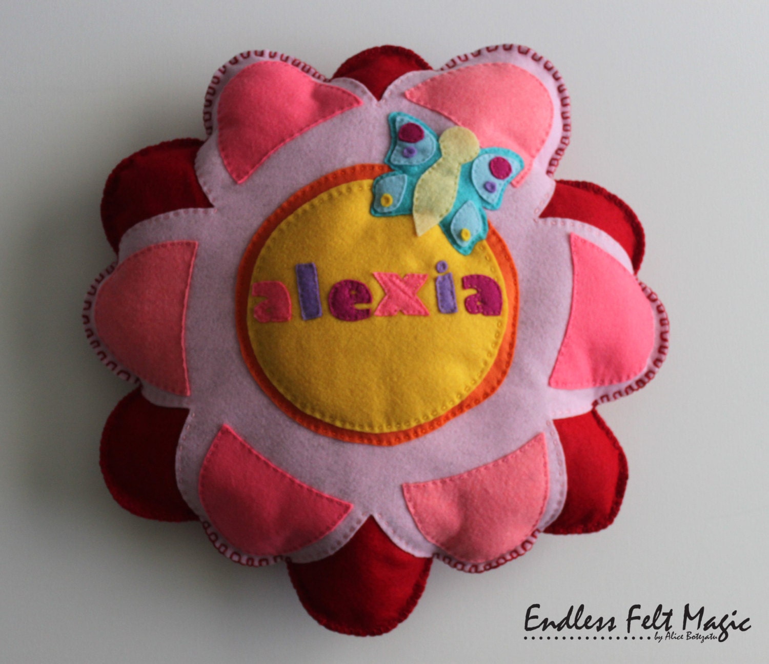 Personalized Flower Felt Pillow, Nursery Decoration, Baby gift, felt butterfly pillow, felt name pillow