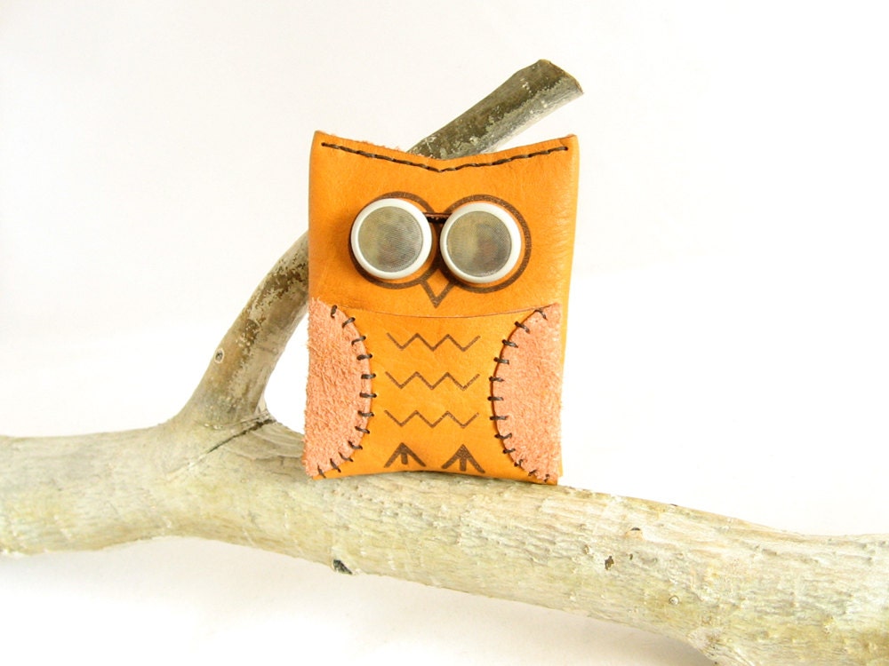 Orange Owl Earbud Case - Leather & Recycled Bicycle Tube