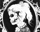 Original digital print skull girl vintage victorian black white creepy macabre blood goth art poster eye lace hair