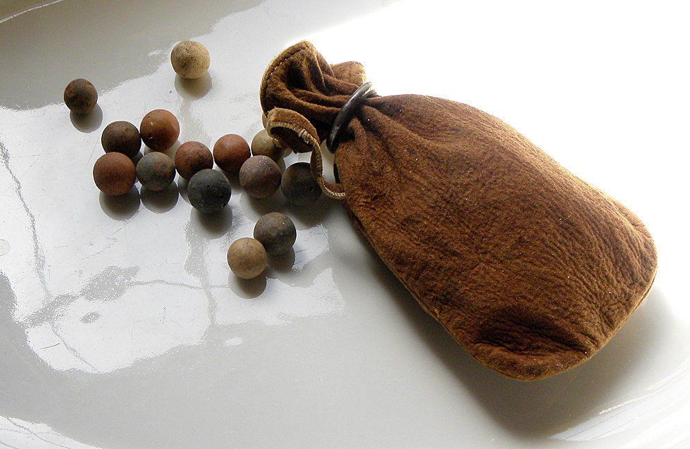 Antique rare primitive Vermont Farm Handmade Swede Leather Brass Ring Marble Bag with old clay marbles