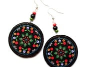 POLISH FOLK earrings, decoupaged in black, red, green, orange, colorful flowers, perfect gift