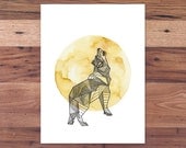 Full Moon Intricate Geometric Wolf - Spirit Animal Print from Handmade Ink & Watercolor Painting
