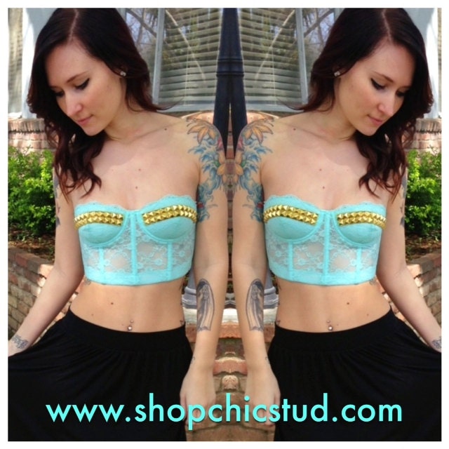 Studded Bustier Bra Top Corset - Mint Green Lace - Gold, Silver, or Black Studs