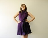 1960s 60s Plum Purple Scooter Dress / Pleated Skirt / Tassled Sash / Rhinestone Buttons / Size Small