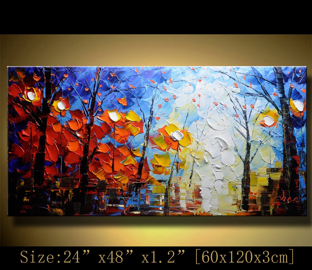 Original Palette Knife Abstract Painting,Modern Textured Painting,Landscape Painting Park Lights Oil on Canvas, by Chen c079