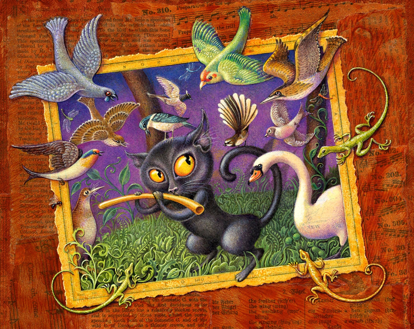 The Cat Plays the Flute-- signed archival art print of cat with magic flute, birds, lizards, dragonflies, illustration, Curious Art