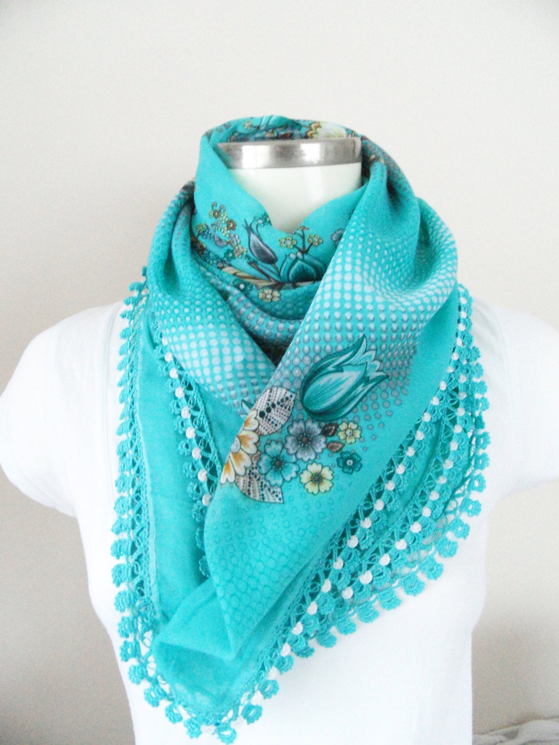 Turquoise scarf, Multicolor, authentic, romantic, Turkish Yemeni OYA Scarf, scarf, elegant, fashion, Floral