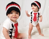 Get The Set - Mickey Mouse Tie Baby Boy Onesie with Suspenders and Crocheted Hat