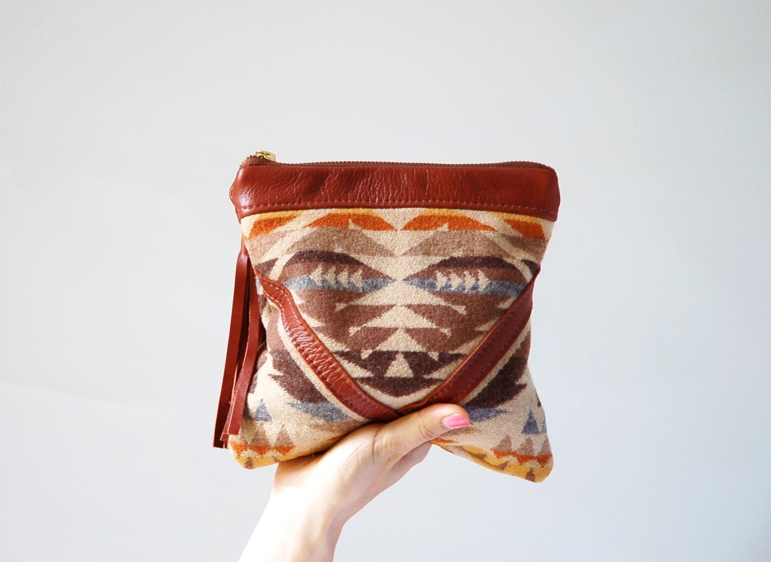 Leather and Pendleton pouch/ clutch with tassel