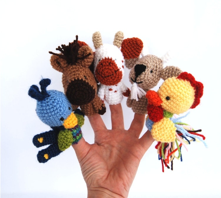 5 animal finger puppets, cow, cock, goat, horse and peacock, crocheted tiny wee domesticated animals, miniature farm animal, collectible