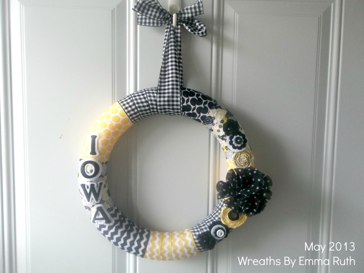 IOWA Hawkeye Ribbon Wreath Black and Gold with Flower Embellishments