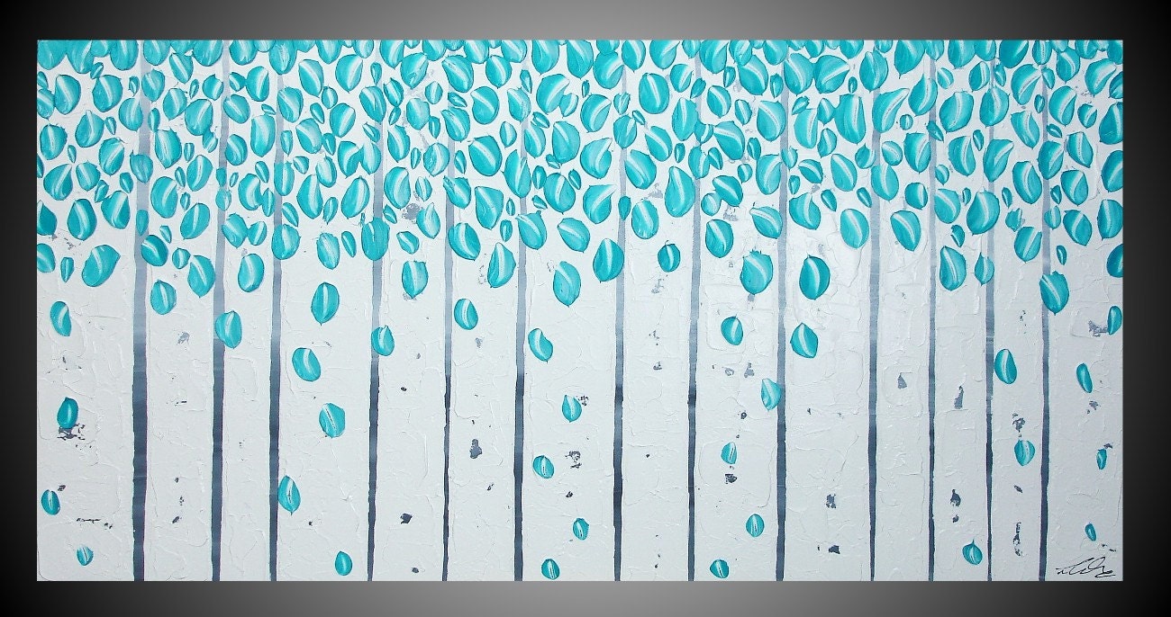 48 x 24 Abstract Acrylic Painting on Large Canvas Birch Trees Forest Landscape art Textured Black White Turquoise 3D Wall Deco FREE SHIPPING