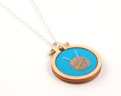 Knitting yarn and needles embroidered necklace - blue and orange - mini embroidery hoop - made with love by dandelyne