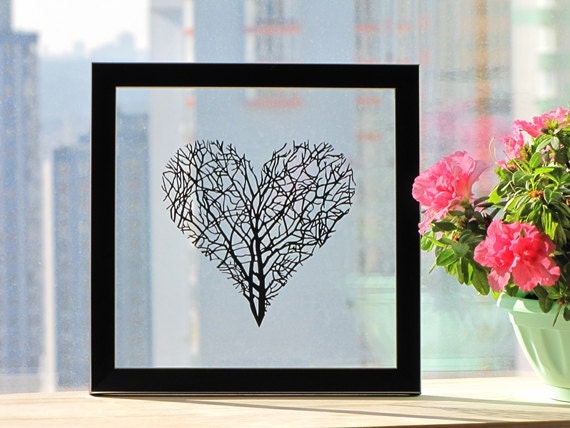 Branches Heart Handmade Original Papercut First Anniversary, Wedding Gift: Hand-Cut Paper Art Silhouette (UNFRAMED)