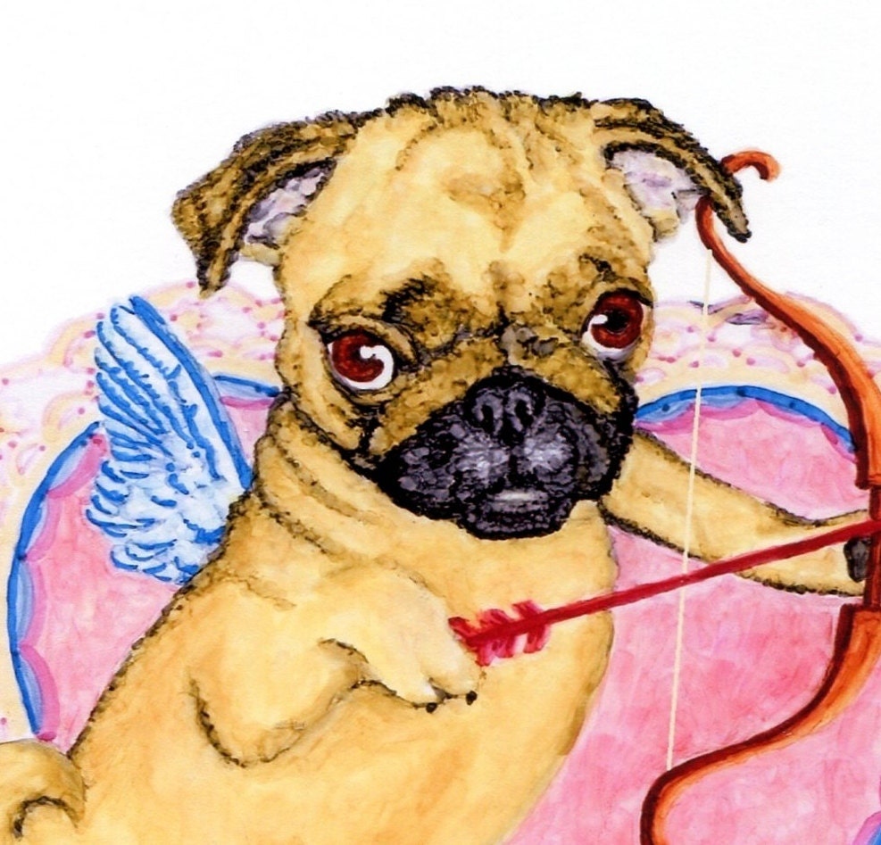 Puppy Love Cupid Card, Pug Valentine's Day Card, 5x7 Art Print
