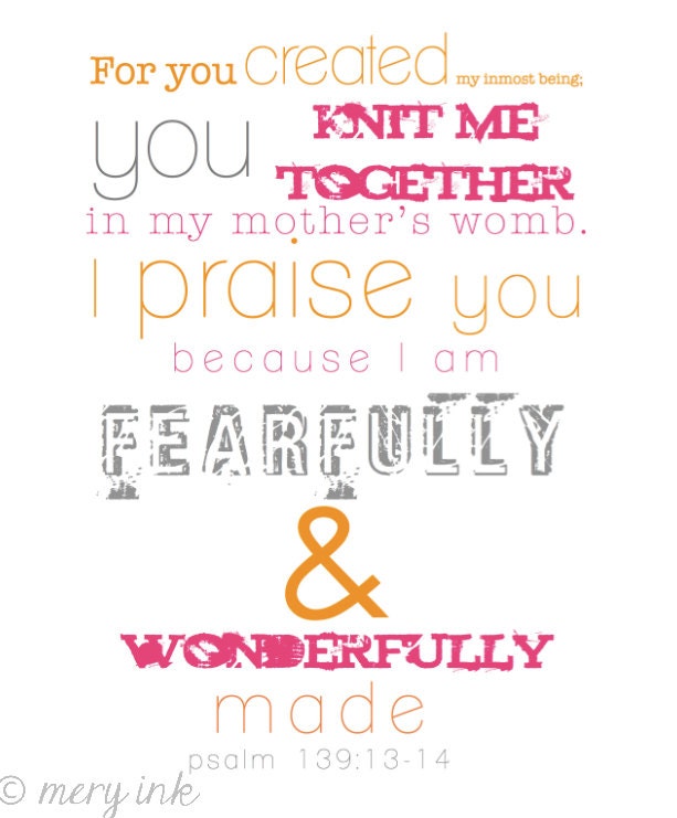 PSALM 139 Digital File INSTANT Download / Christian Nursery Scripture Art / Baby Girl Room Decor - Shower Gift Pink&Orange