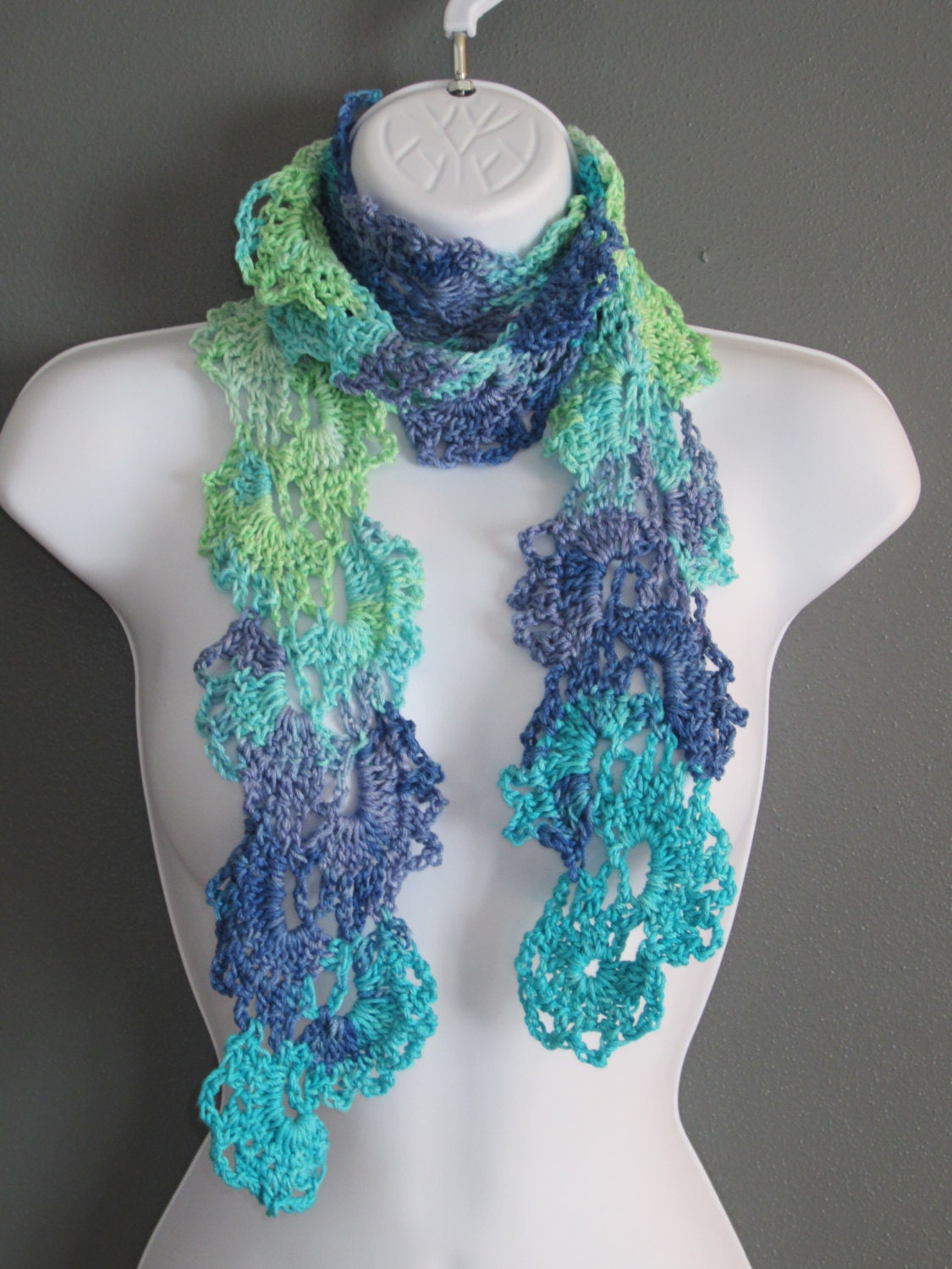 SUMMER SCARF in Queen Anne Lace Style. Beautiful, soft, cotton-blend SCARF in Blues and Greens.