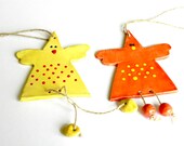 Easter Decoration Set of 2 Ceramic Chickens Yellow Orange Pottery - Ceraminic