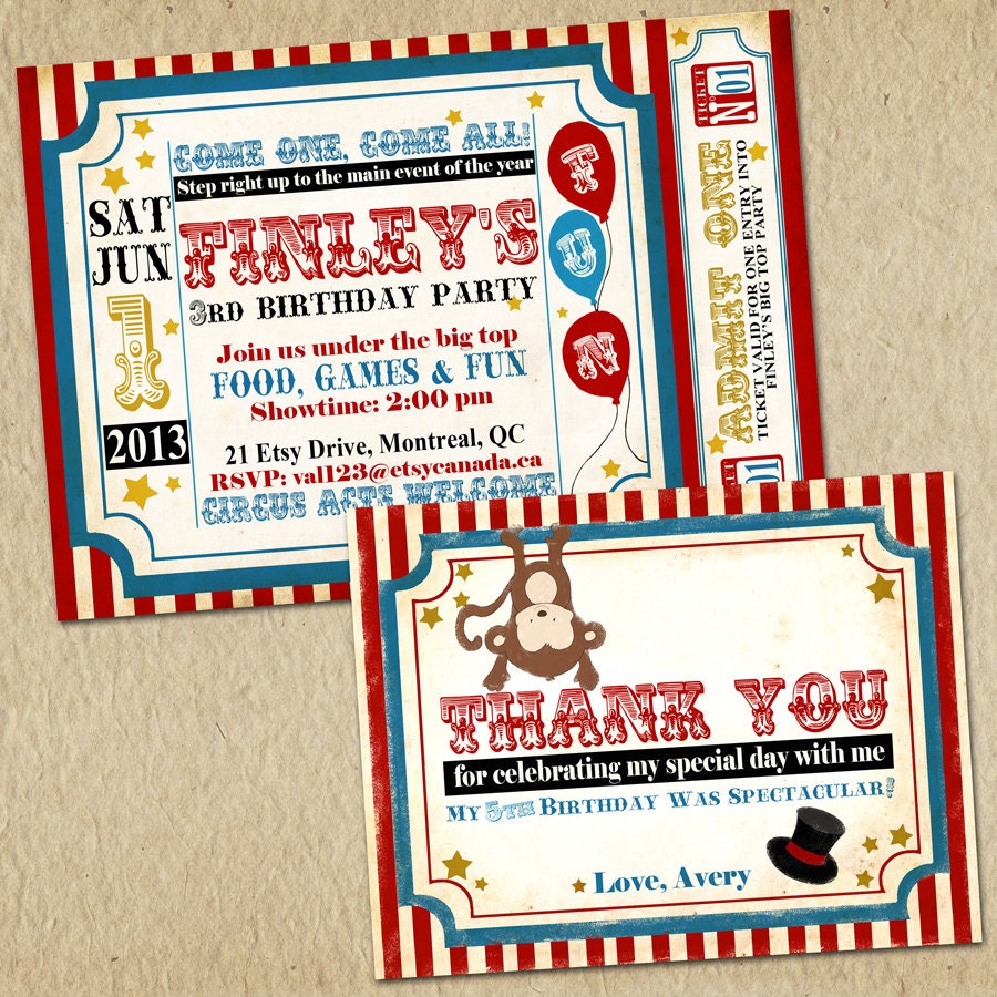 Circus Birthday Invitation & thank you card- Vintage Inspired / Retro Circus or Carnival - Custom, Digital, Printable designs Il_570xn