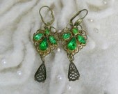 Vintage March St. Patrick's Emerald Green Earrings,Czech Filigree Bohemian Upcycled OOAK