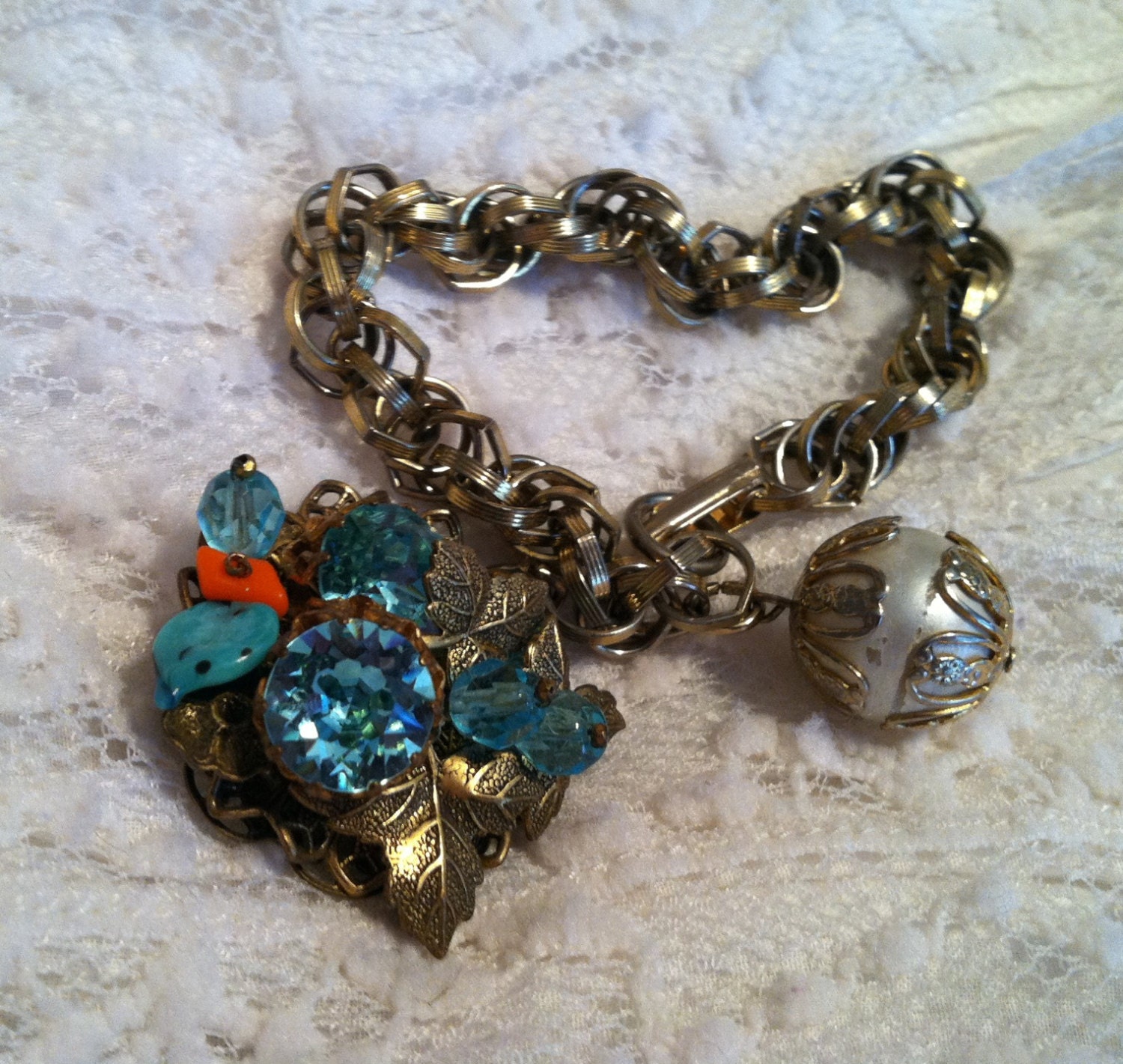 Vintage Turquoise Aqua Coral Bridal  Bracelet, "REVENGE"