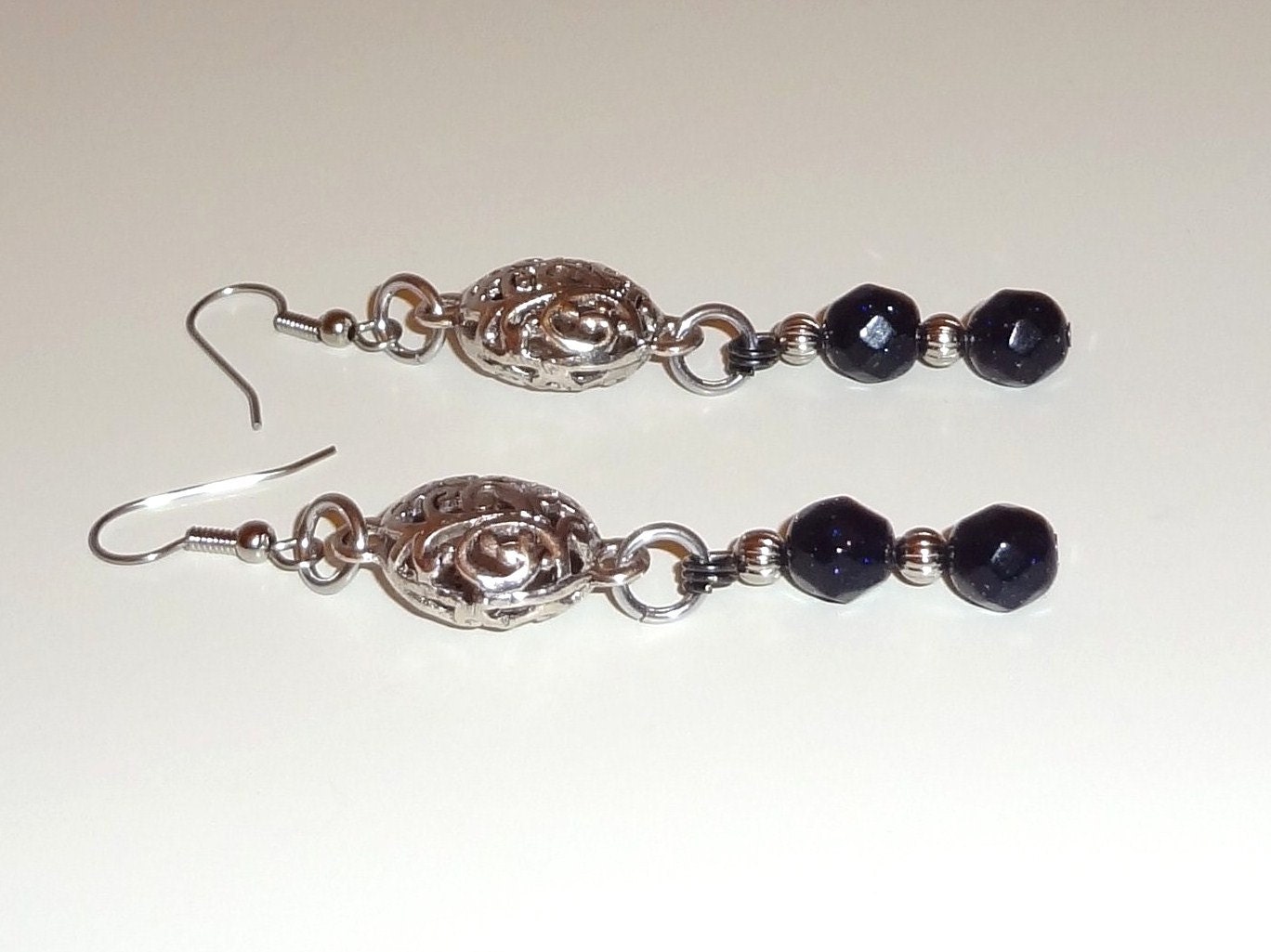 Blue Goldstone with Filigree Bead Dangle Chainmaille Earrings