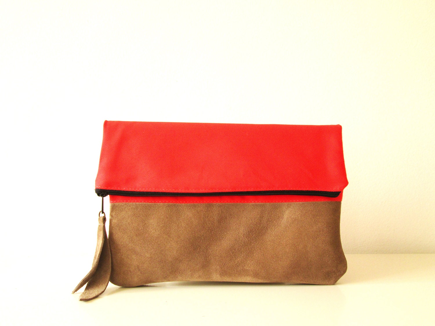 Canvas and leather clutch purse, Coral red and light brown