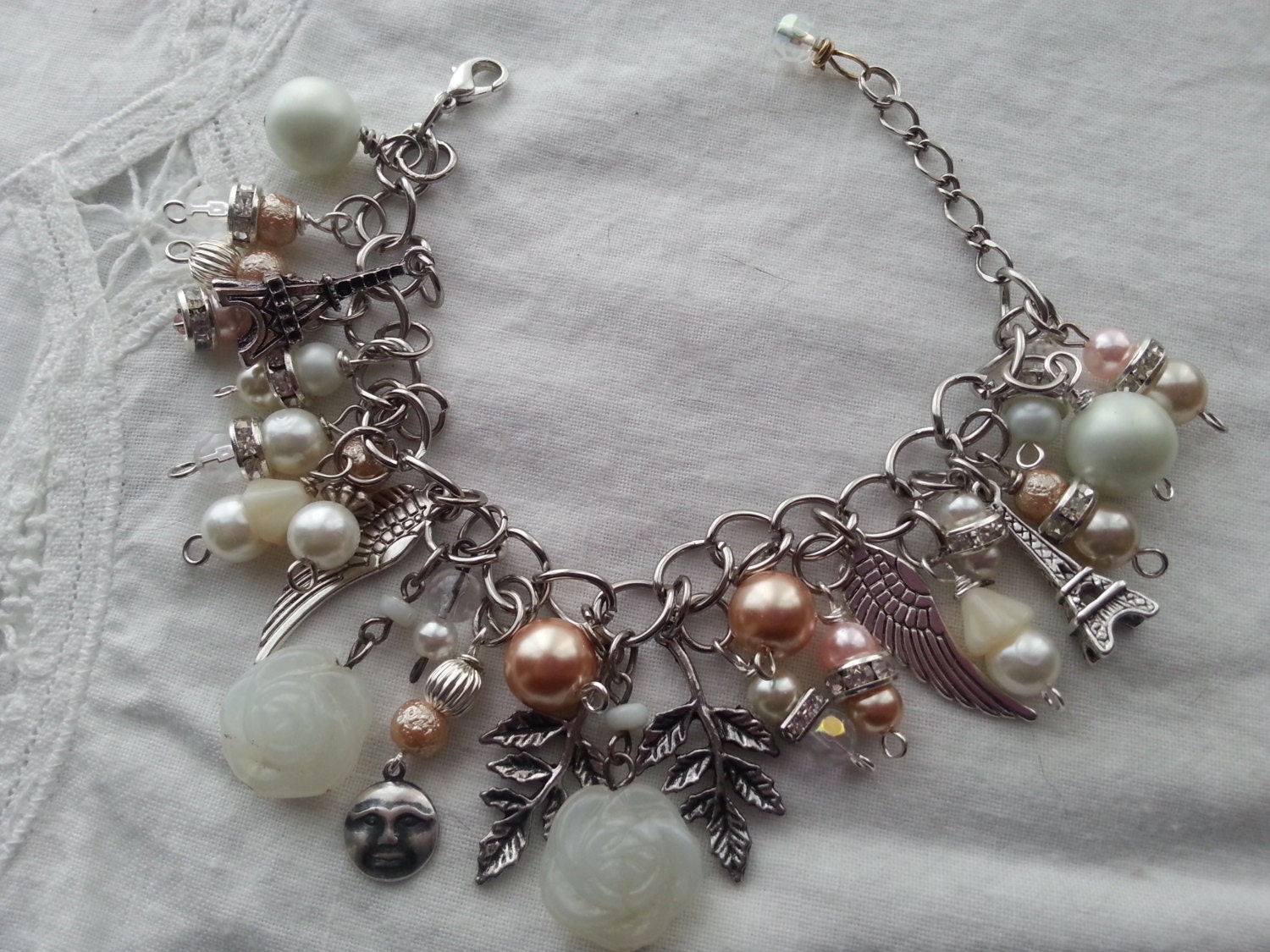 Glorious Romantic Bracelet with Peach Pink White Glass and Vintage Pearls and Silver Charms
