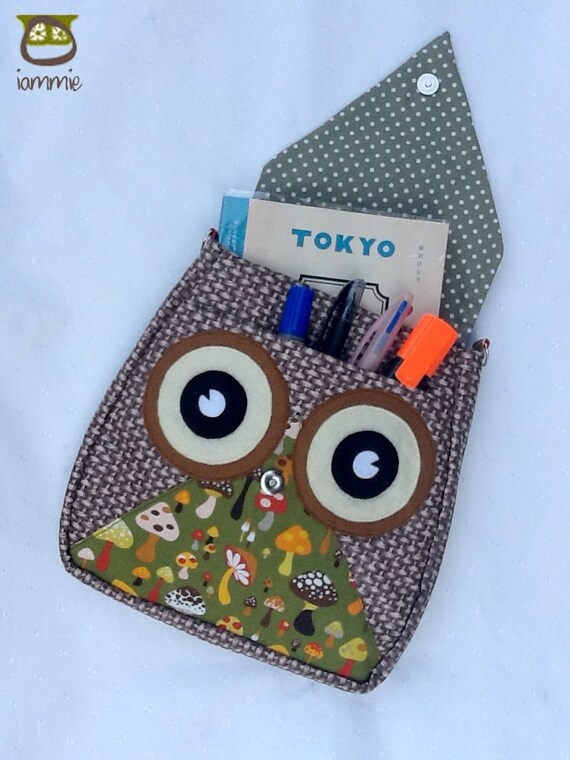 Bamboo: Brown Flip Bag, Owl Bag, messenger bag, tote, animal, women, kid bag, children bag, fabric bag, girl bag, boy bag, green, mushroom