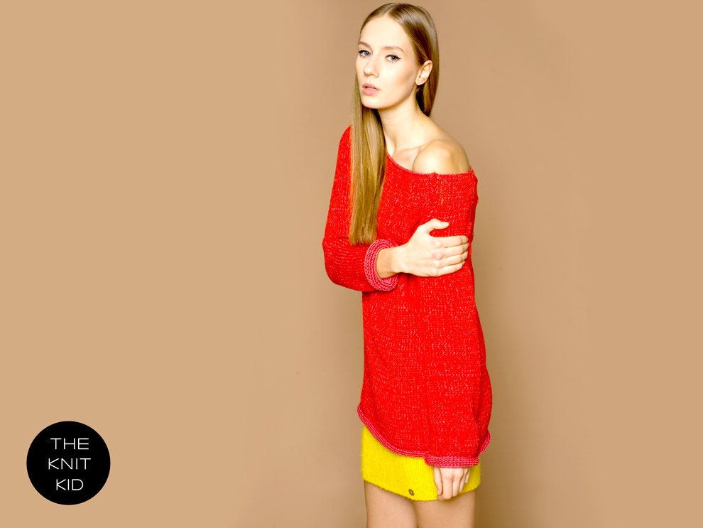 Sweater red pink shetland merino wool raglan knit knitwear theknitkid bulky warm theknitkid