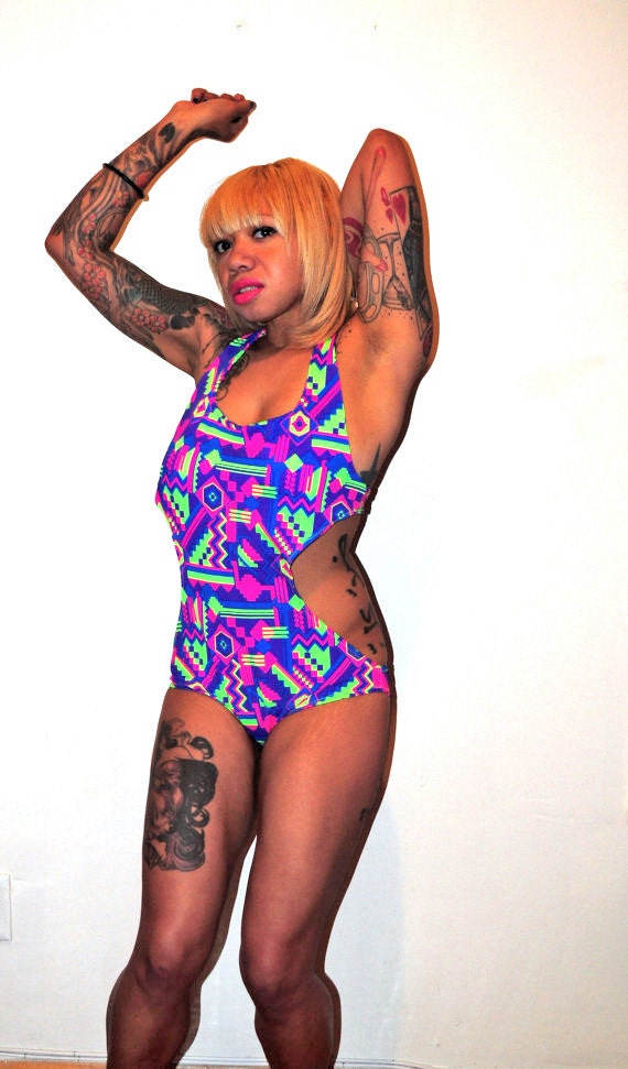 Neon Geometric print 1980s monokini  halter swimsuit