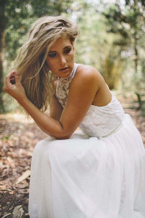French lace high-neck wedding dress, Ivory, silk chiffon, vintage inspired key hole back sheer lace