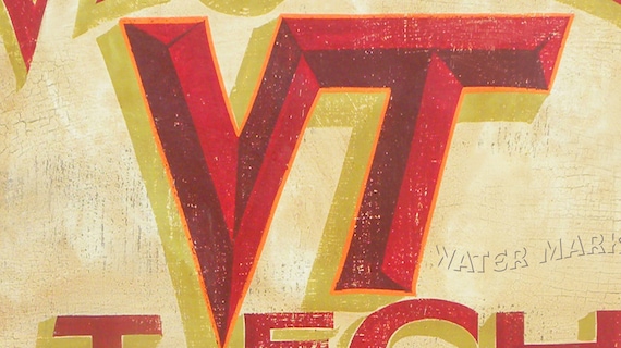 Virginia Tech Print,with MAT, original art, faux vintage, college ,wall decor,