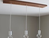 Three Bare Bulb Chandelier Light Fixture with Wood Canopy - Triple Edison Bulb Ceiling Lighting - Exposed Bulb Pendant Lamp Walnut BirchLamp