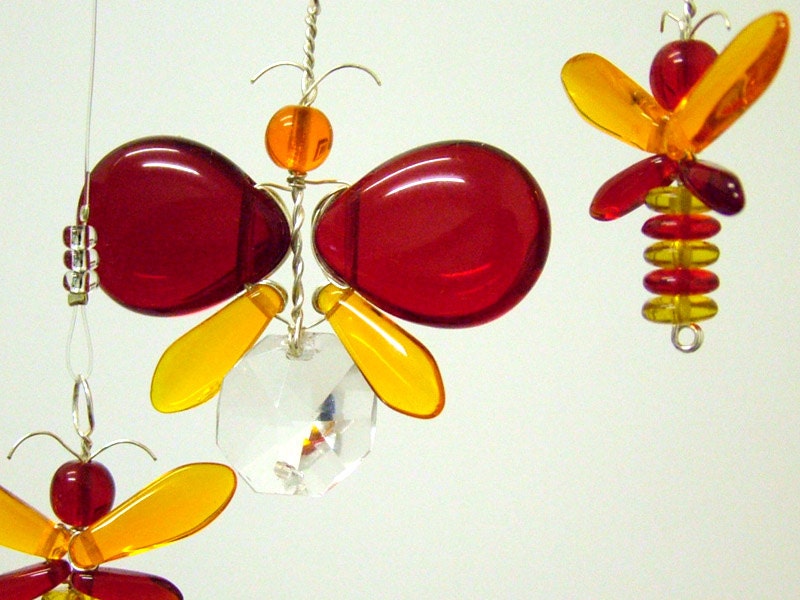 Butterfly Mobile Childrens Mobile Glass Mobile Crystal Suncatcher Butterfly Ornament Glass Suncatcher Ornament Red, Orange, Whimsical Window