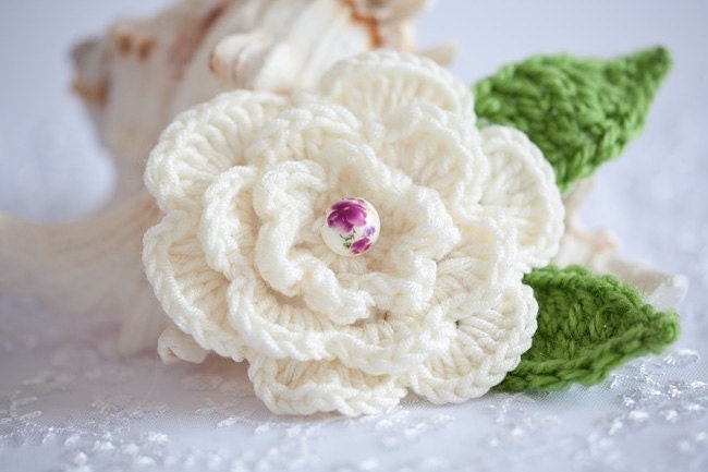 Pretty White Crochet Rose Brooch - Crocheted Flower Pin - Handmade