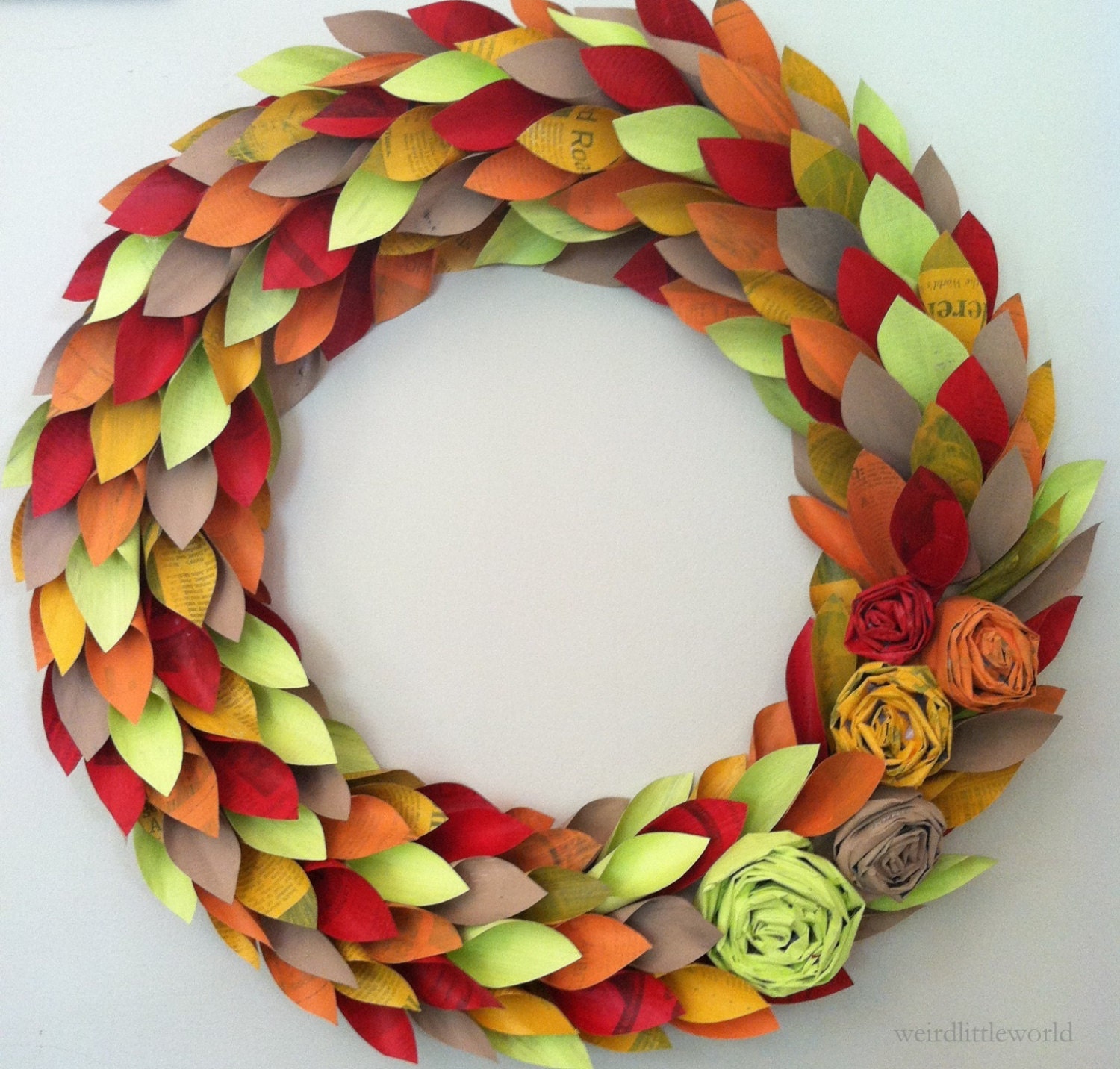 fall wreath paper - fall colors - large 21 inch newspaper rosette and leaf
