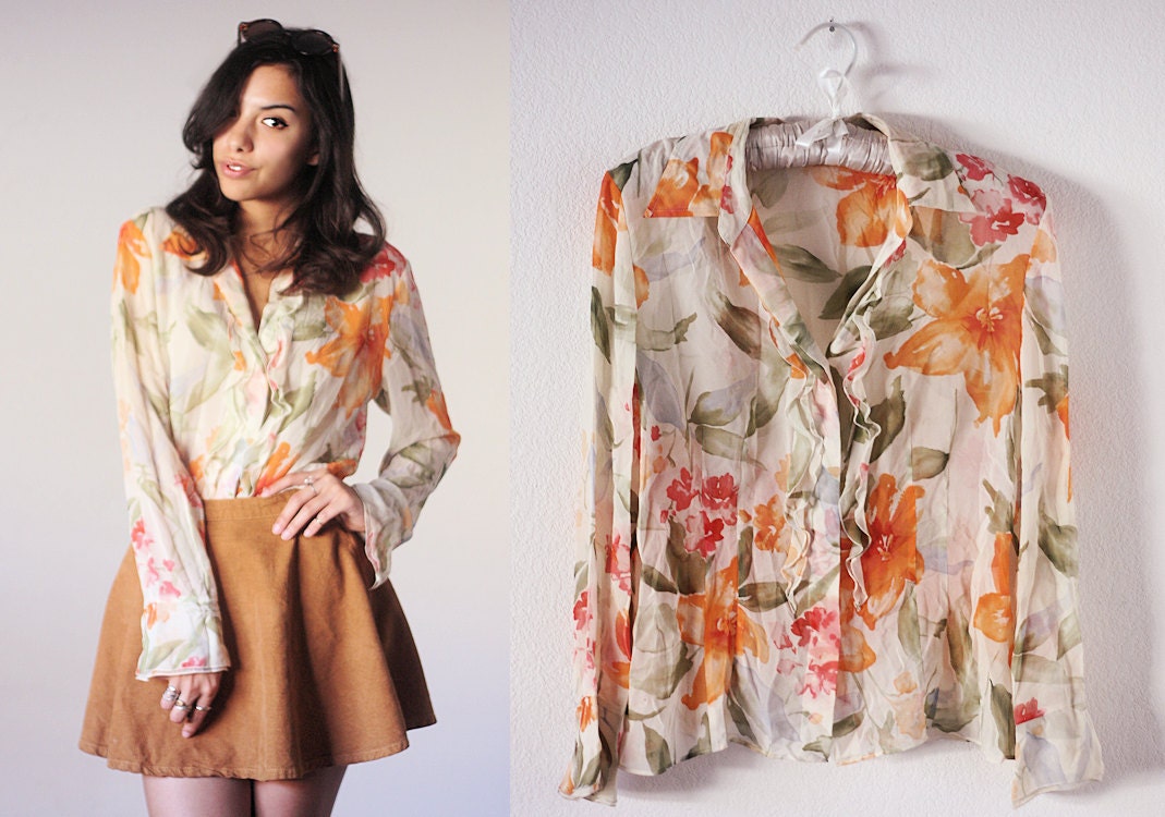 90s SILK sheer floral long sleeve ruffle button up top