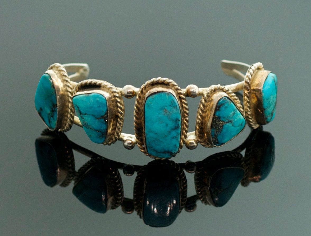 Vintage Navajo Sterling Silver Blue Turquoise Cuff Bracelet