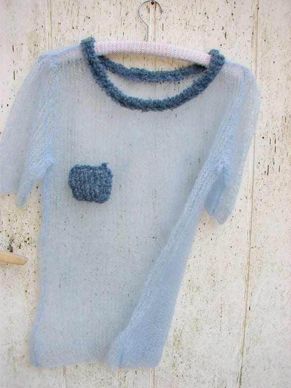 Sweater vest  mohair  light blue sky powder hand knitted hand stitchted short sleeve gift for her