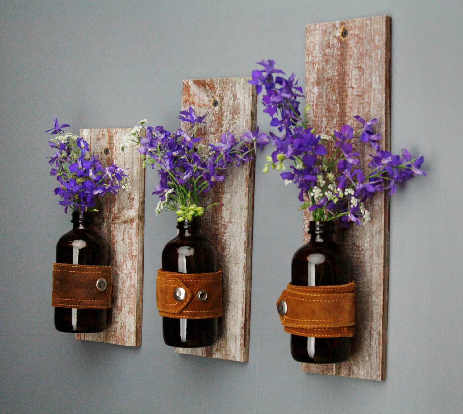 Set of 3 Wall Hanging Upcycled Flower Vases Using Reclaimed Wood and Leather