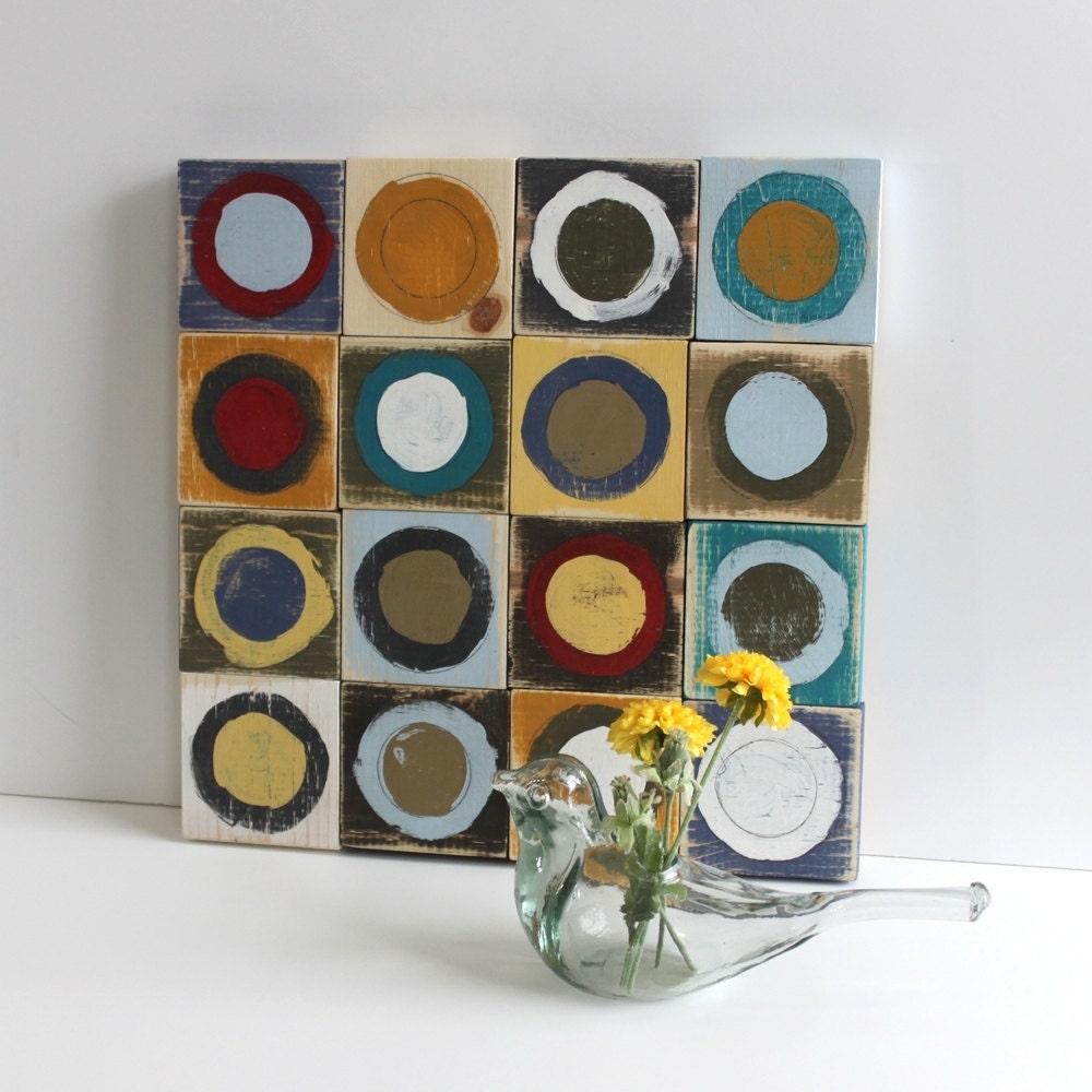 colorful painted circles distressed wood sign wall hanging, 15X15
