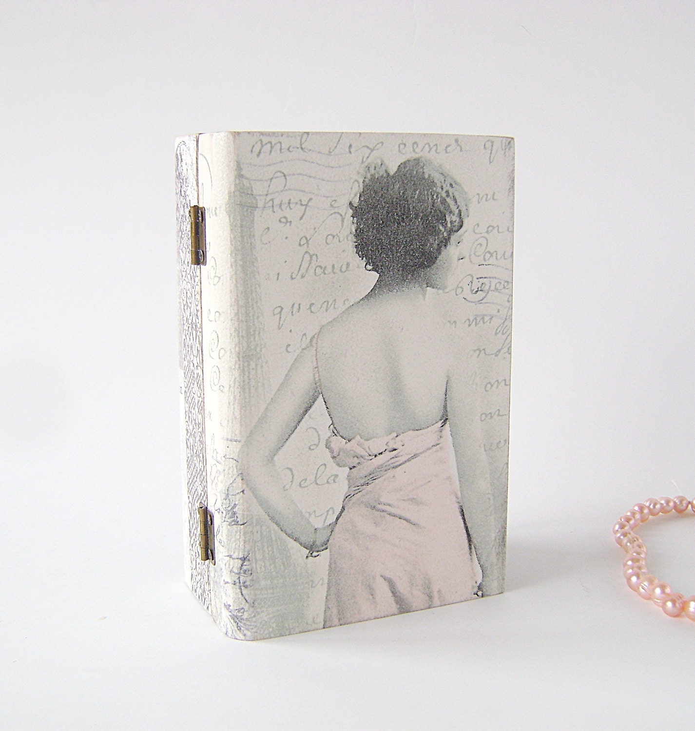 Book Jewelry box, Memory box, Treasury Wooden Box, Keepsake box, vintage style, Woman in Pink Dress
