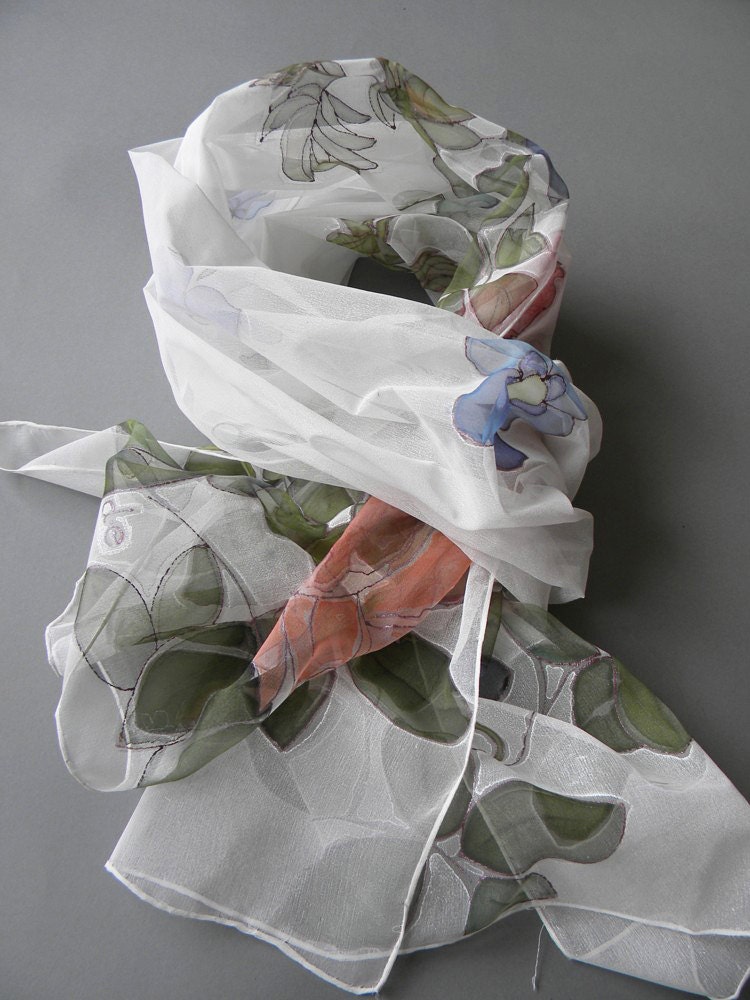 Silk scarf hand painted Wedding accessory White floral shawl - made TO ORDER