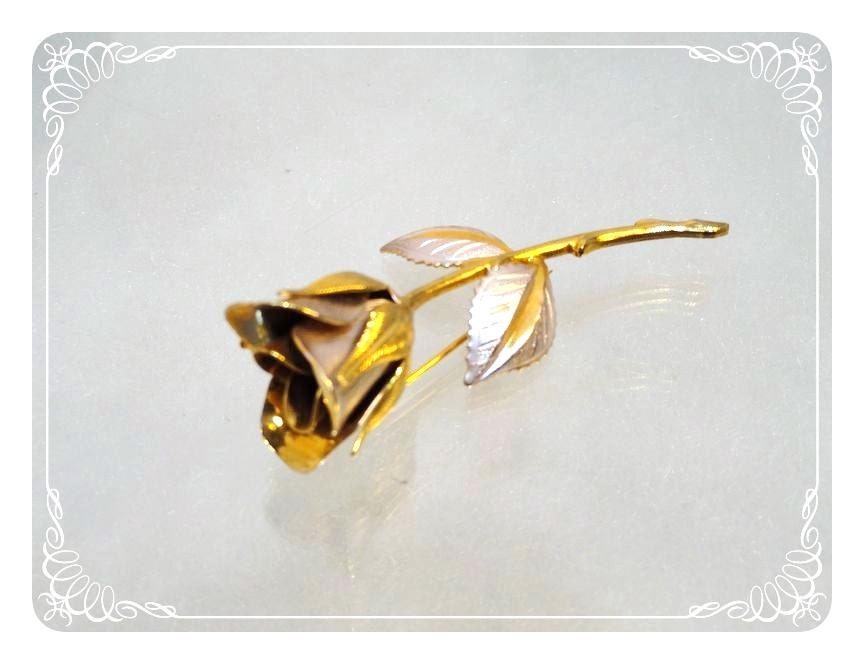 Silver Thaw Rose Flower Brooch - Gold and Silver tone Long Stem - 1808a-121812000